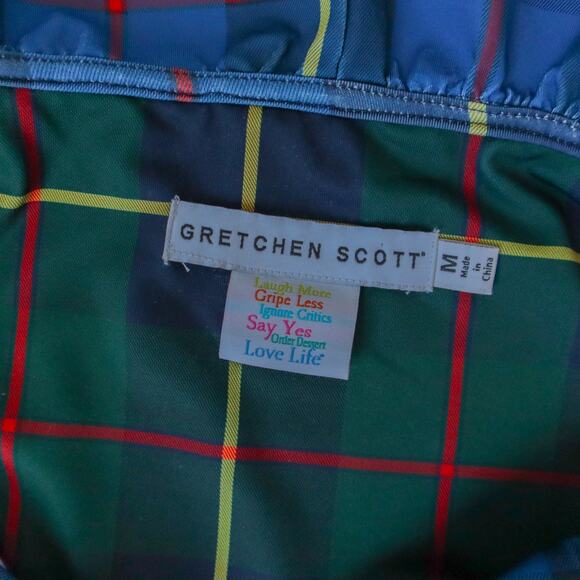 Gretchen Scott Ruff Neck Collar Plaidly Cooper Blue Blouse Size Medium - Picture 4 of 7